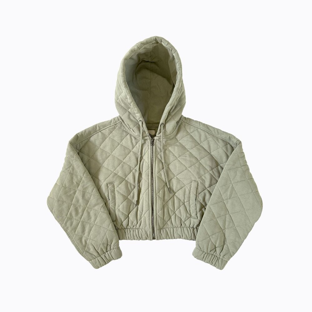 Quilted Cropped Hoodie Sweatshirt Jacket M Zip Sage Y2K Sporty Athleisure Casual